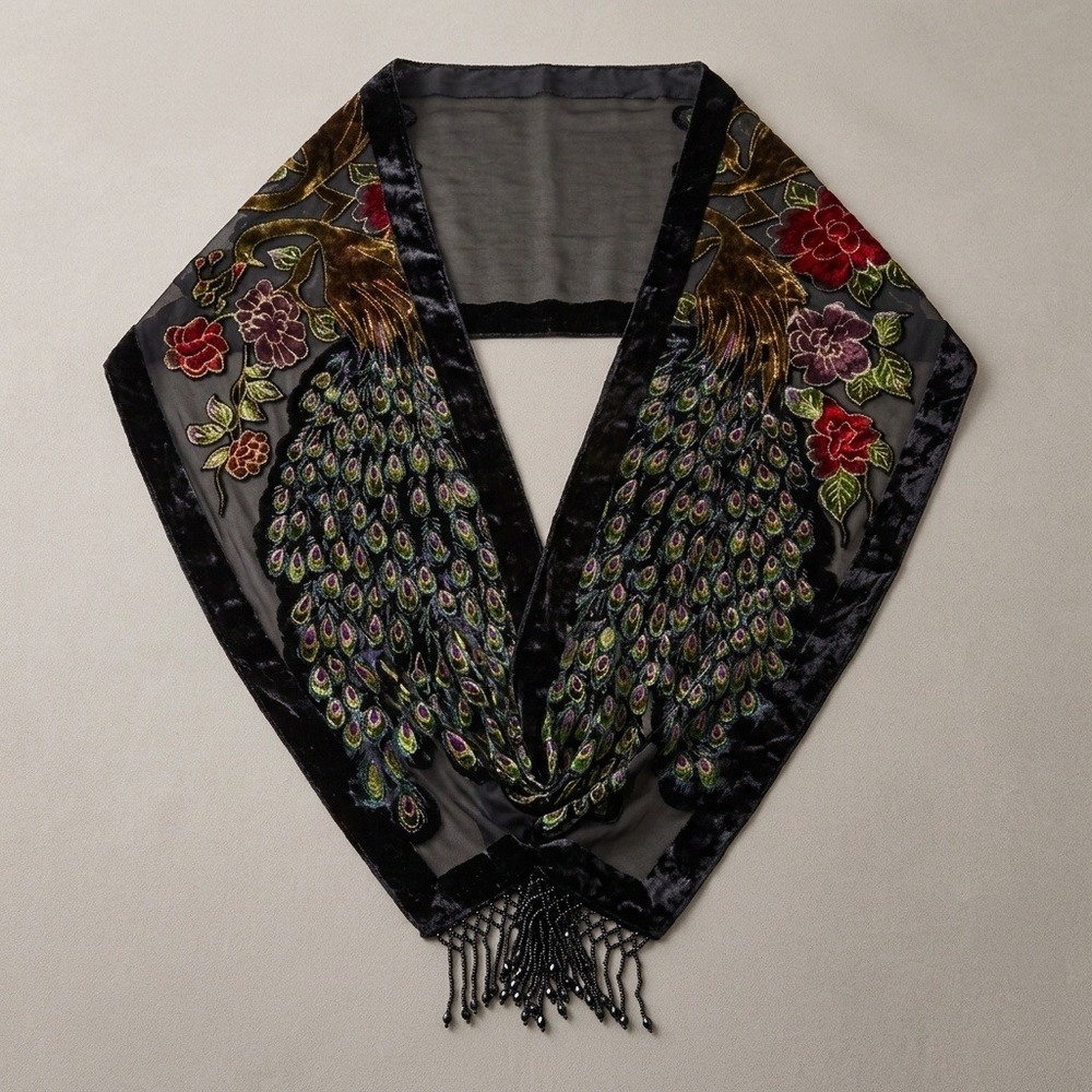 VTG Velvet Burnout Peacock Scarf Sheer Beaded Fringe Shawl Wrap Stole 68x20.5